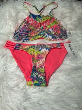 TiniBikini Neon coral Tropical Palm Print Two-Piece size Large